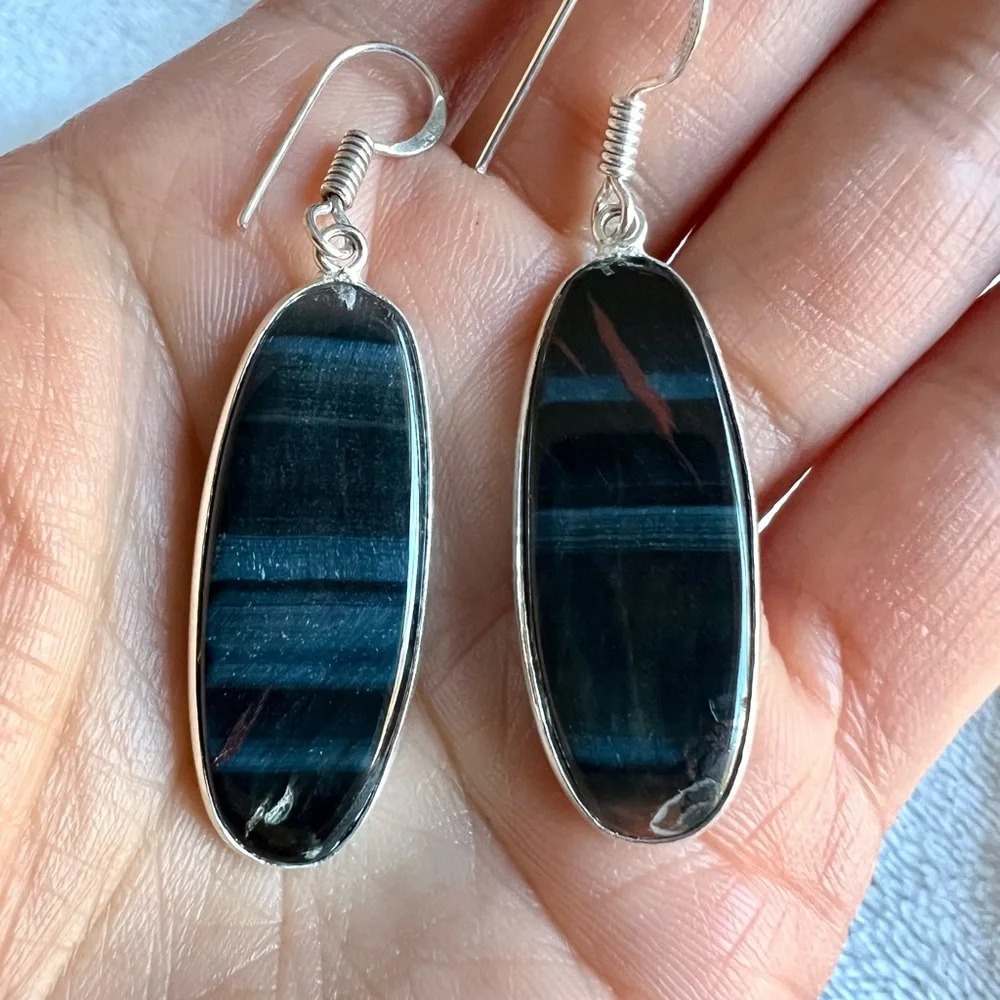 925 Blue Black Tiger Eye Earrings - Picture 3 of 3
